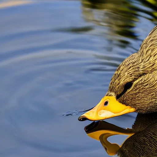 Image similar to Photo of a yellow duck drinking water from a pond with a fish flying over it, realistic