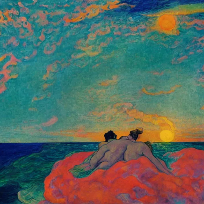 Image similar to close view of woman and man kissing. seaside with tall waves, sun setting through the storm clouds. iridescent, vivid psychedelic colors. painting by agnes pelton, egon schiele, henri de toulouse - lautrec, utamaro, matisse, monet