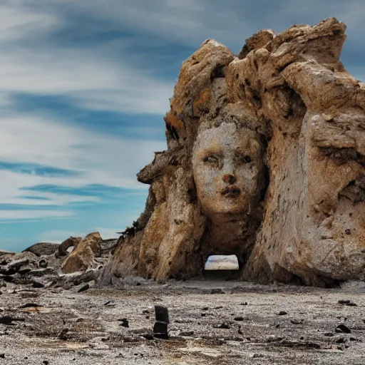 Prompt: a barren beach made from deep blue sand scattered with towering marble statues of woman in varying states of ruin, in the distance a mountain reaches towards a turbulent sky, cinematic composition, realistic, masterpiece w- 1280