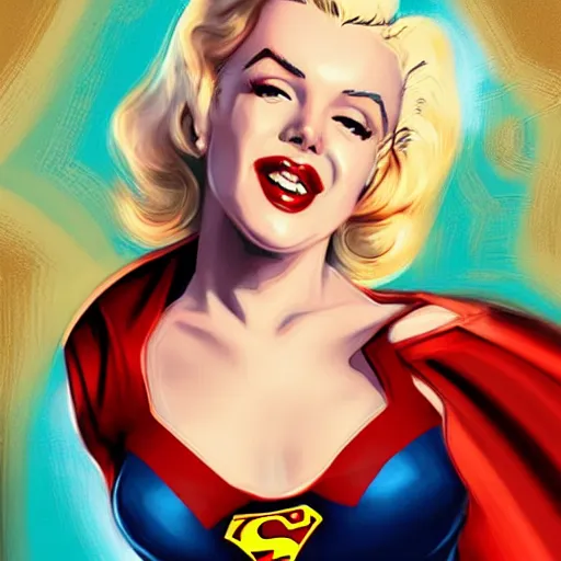 Prompt: marilyn monroe as supergirl, highly detailed, charlie bowater character art.