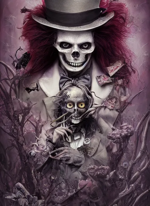 Prompt: alice in wonderland mad hatter the magician tarot card, highly detailed, half skull face, cinematic, 8 k, by stanley artgermm, tom bagshaw, greg rutkowski, carne griffiths, ayami kojima, beksinski, giger, trending on deviantart, hyper detailed, horror, full of colour