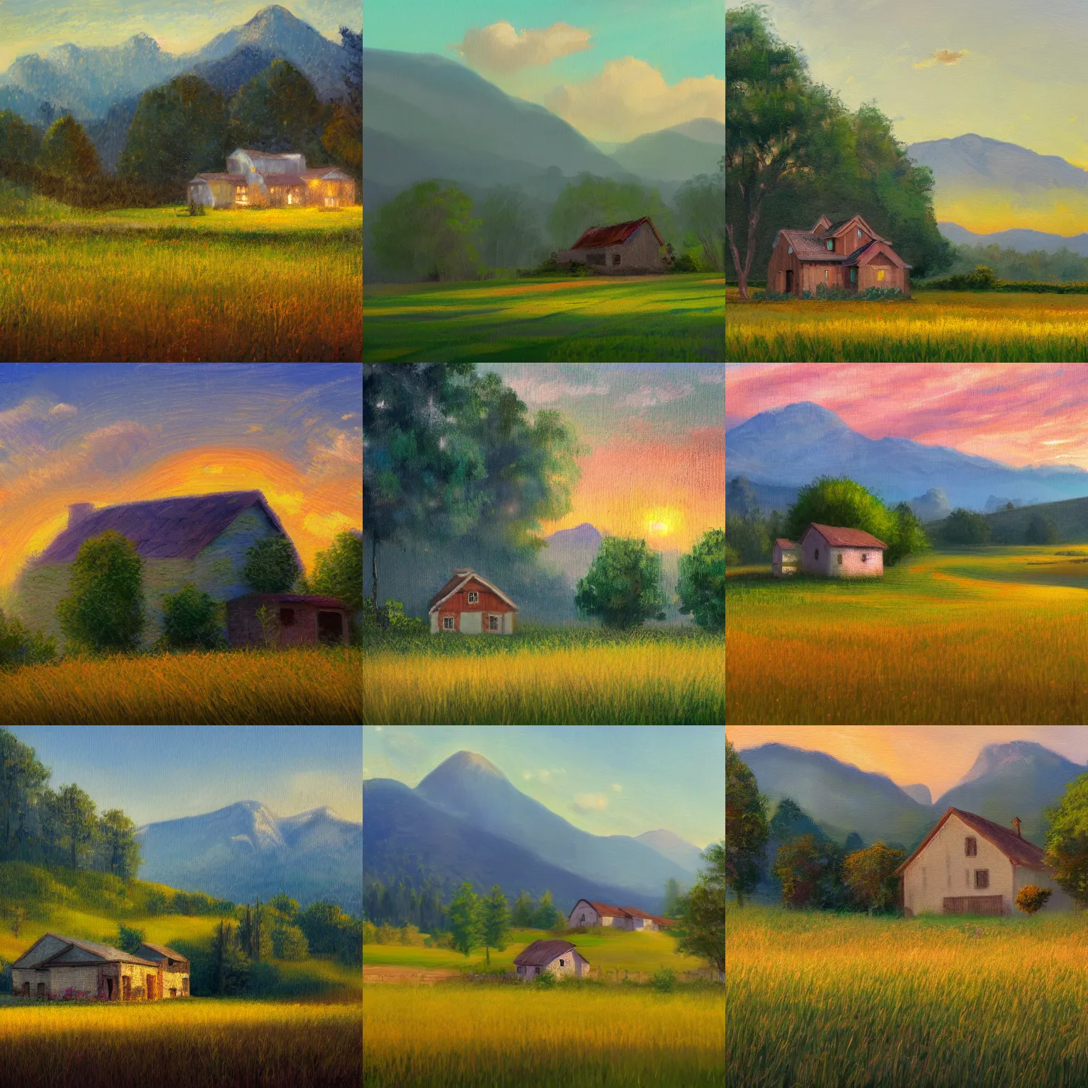 Prompt: A house in the middle of a lush field with tall mountains in the background taken at golden hour, impressionist painting, 4k, digital painting, trending on artstation