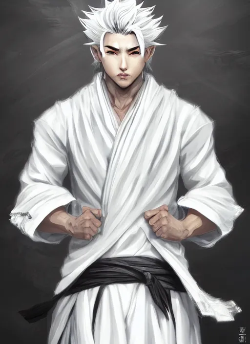 Image similar to a highly detailed illustration of fierce white haired attractive young japanese man wearing white hakama, black eyes, dramatic serious pose, muscular, intricate, elegant, highly detailed, centered, digital painting, artstation, concept art, smooth, sharp focus, league of legends concept art, wlop