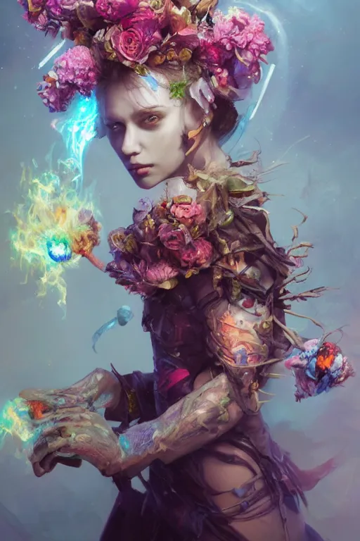 Image similar to beautiful girl necromancer, witch - doctor exploding into flowers, angels, 3 d render, hyper - realistic detailed portrait, holding fire and electricity rainbow, ruan jia, wlop. scifi, fantasy, magic the gathering, hyper detailed, octane render, concept art, peter mohrbacher