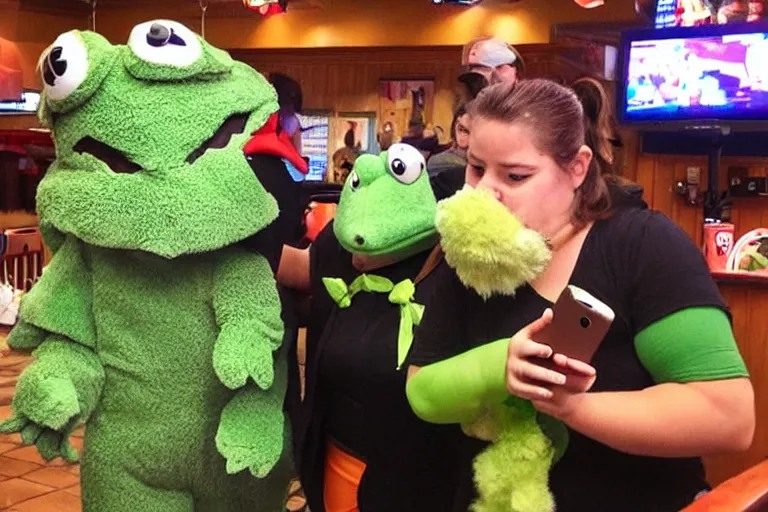 Image similar to taking a selfie with a frog fluffy mascot costume at an applebee's, cell phone photo