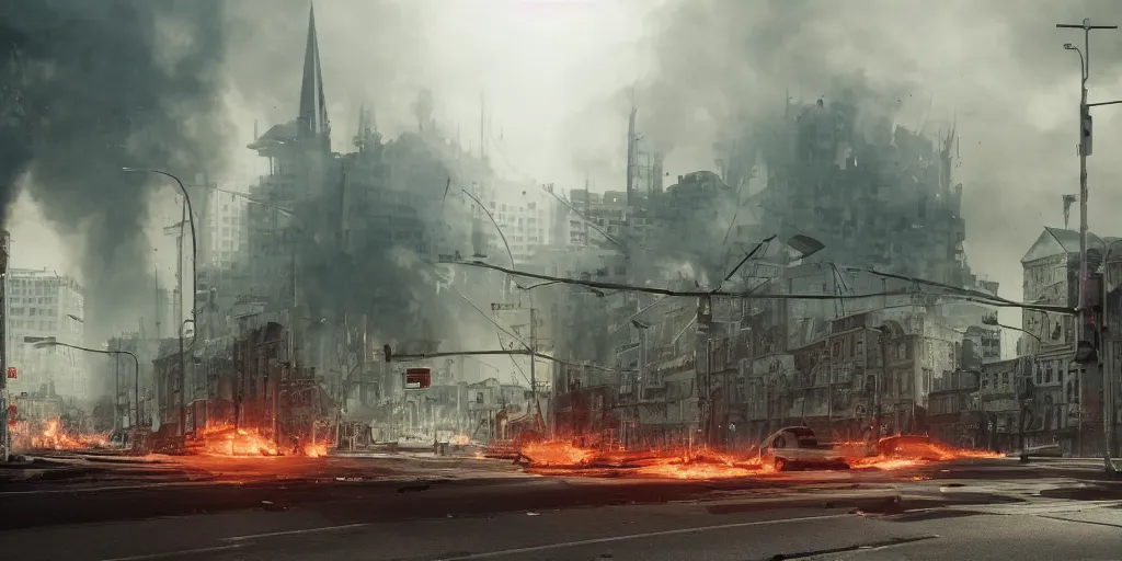 Prompt: a photo of a city after a apocalyptic war, fire from some windows, ethereal light, 15mm lens, peolple run on the street, cars crashed, tanks crashed, a UFO disc in the sky, traffic light on, train station explosion, futuristic cathedral in the center of the road, photorealistic, octane render, 4k, specular light, shallow depth of field, concept art, artstation, highly detailed, art by john salminen, ivan shishkin, kim keever, pierre pellegrini, sorayama, ash thorp