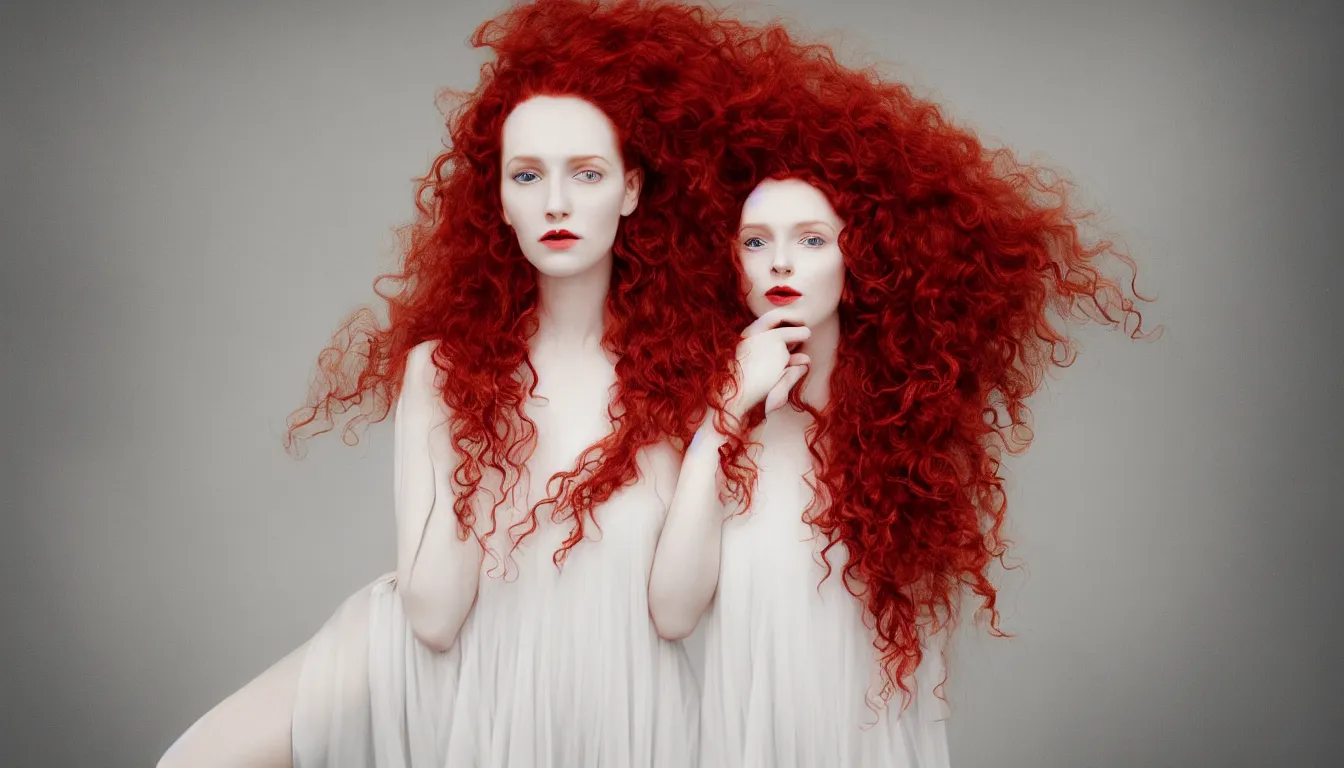 Image similar to a portrait photography of a beautiful woman with red long curly hair and full body dress in white by Flora Borsi, soft natural lighting, pastel colors scheme, fine art photography, 50 mm sigma art