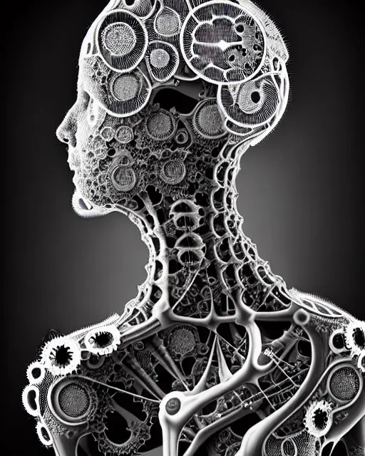 Image similar to surreal black and white photo portrait of complex biomechanical young female cyborg with a mandelbrot fractal metal fine lace face, silver hair, 150 mm lens, soft rim light, fine metal floral foliage super big lace collar, Alexander McQueen, high fashion, haute couture, rococo, steampunk, silver filigree details, anatomical, facial muscles, cable wires, microchip, elegant, hyper realistic, octane render, unreal engine, by Man Ray and Dora Maar, volumetric lighting, 8k,