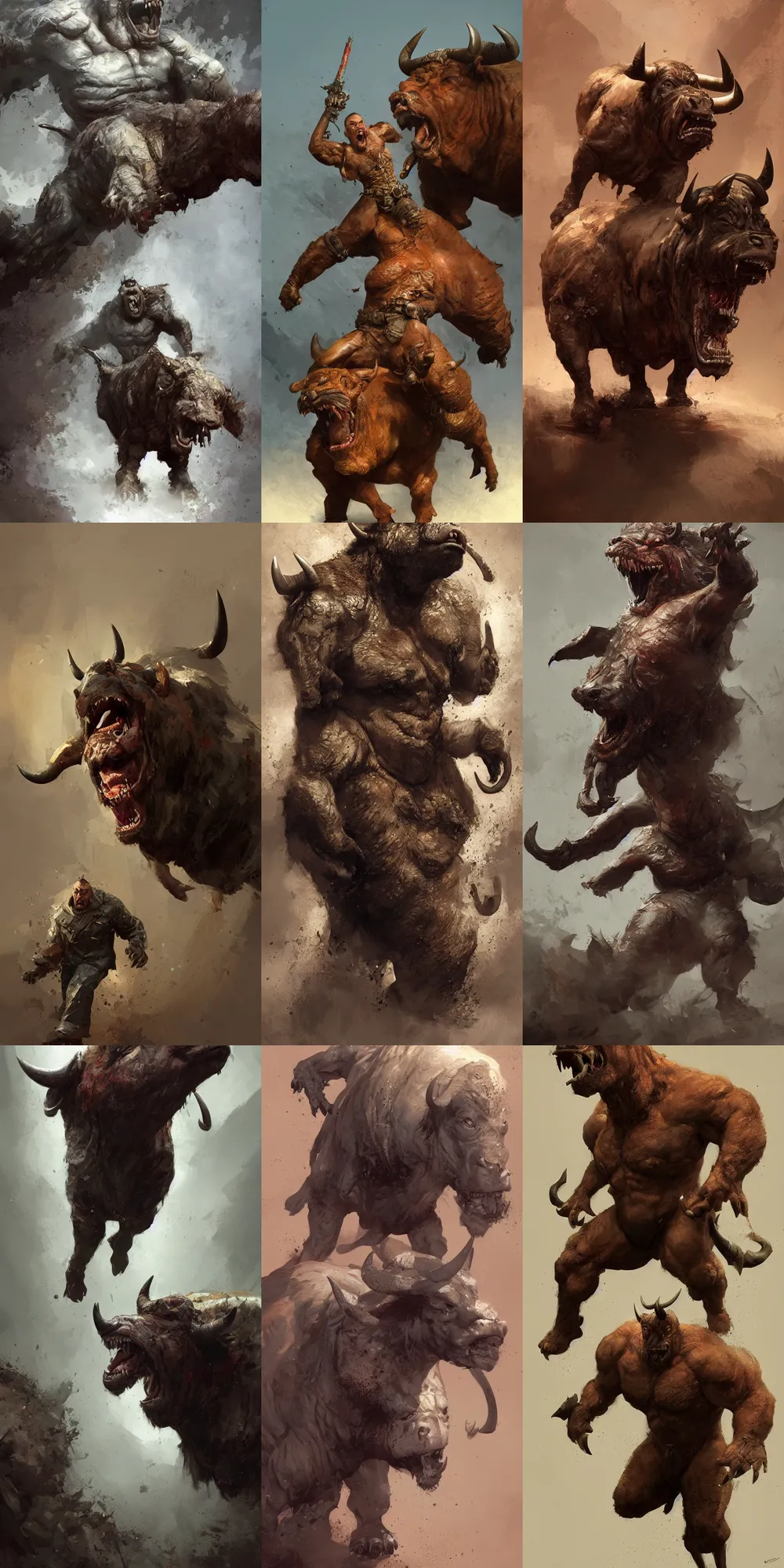 Prompt: full body master Portrait of a furious adult bull SNARLING ANGRYING YELLING, by craig mullins and marc simonetti, ARTSTATION, cgsociety, polycount, creature design, CINEMATIC, AWE INSPIRING, BEAUTIFUL, ART GERM