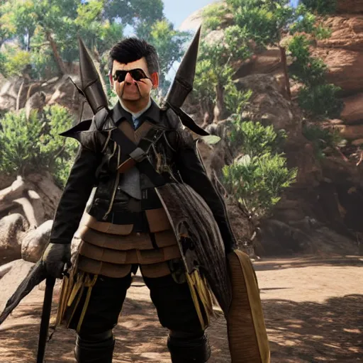 Image similar to rowan atkinson as the main character in monster hunter world, 3 d render, unreal engine, octane render, ray tracing, unity, highly detailed, high quality, hd, 4 k, 8 k, realistic, sharp, trending