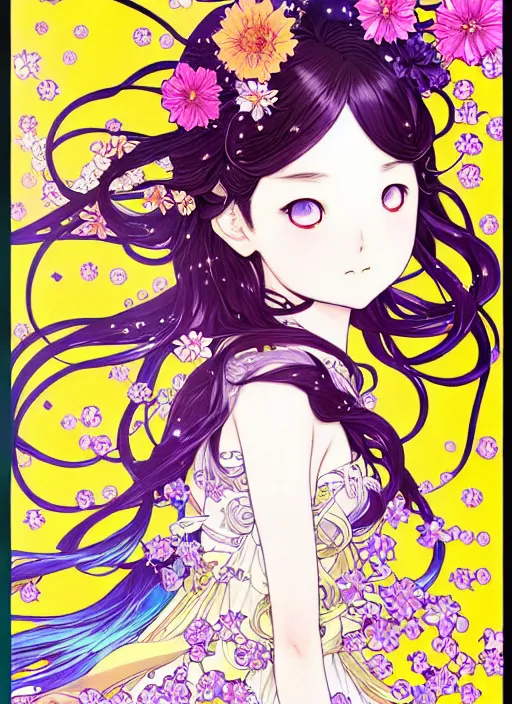 Image similar to exquisite imaginative manga poster art of a girl, long wavy hair, stars, flowers, rococo dress, shimmering, by kojima ayami, shigenori soejima, minaba hideo, alphonse mucha, jump comics, shogakukan, art nouveau, illustration, artstation, highly detailed, 8 k, colorful, maximalist