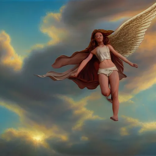 Prompt: realistic painting of a magical angel flying in the sky by michael whelan, ultra realistic, 8 k, trending on artstation, octane renderer, mesmerizing, aesthetic, beautiful