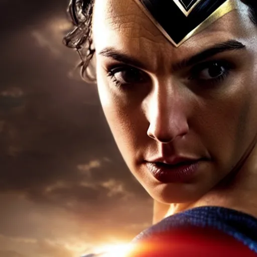 Image similar to an potrait of gal gadot play Man of Steel replacing Henry Cavill, ultra realistic, 4k