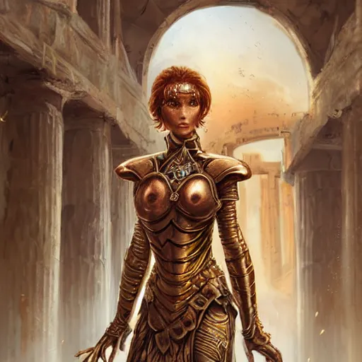 Image similar to portrait knights of Zodiac girl, golden and copper armor, in ruined Agora of Athens, ssci-fi, fantasy, intricate, very very beautiful, elegant, highly detailed, digital painting, artstation, concept art, smooth, sharp focus, illustration, art by artgerm and tian zi and WLOP