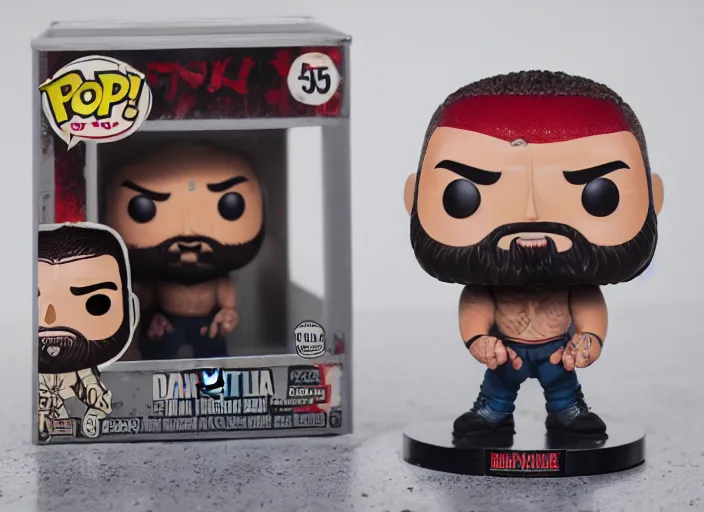 Image similar to product still of Dave Bautista funko pop with box, 85mm f1.8