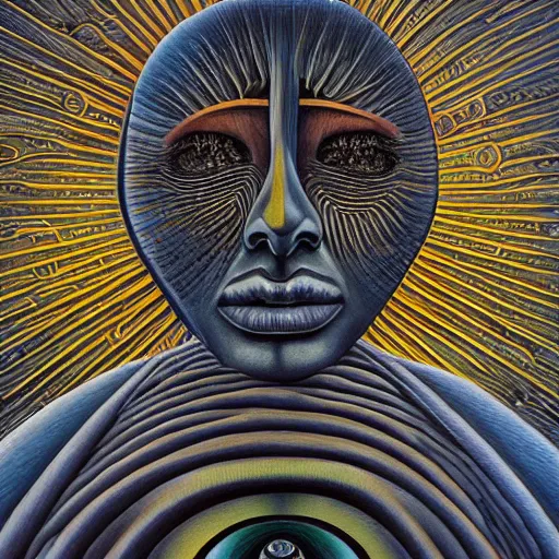 Image similar to THE QUEEN OF THE SUN by jacek yerka, alex gray, zdzisław beksiński, dariusz zawadzki, jeffrey smith and h.r. giger, oil on canvas, 8k highly professionally detailed, trending on artstation