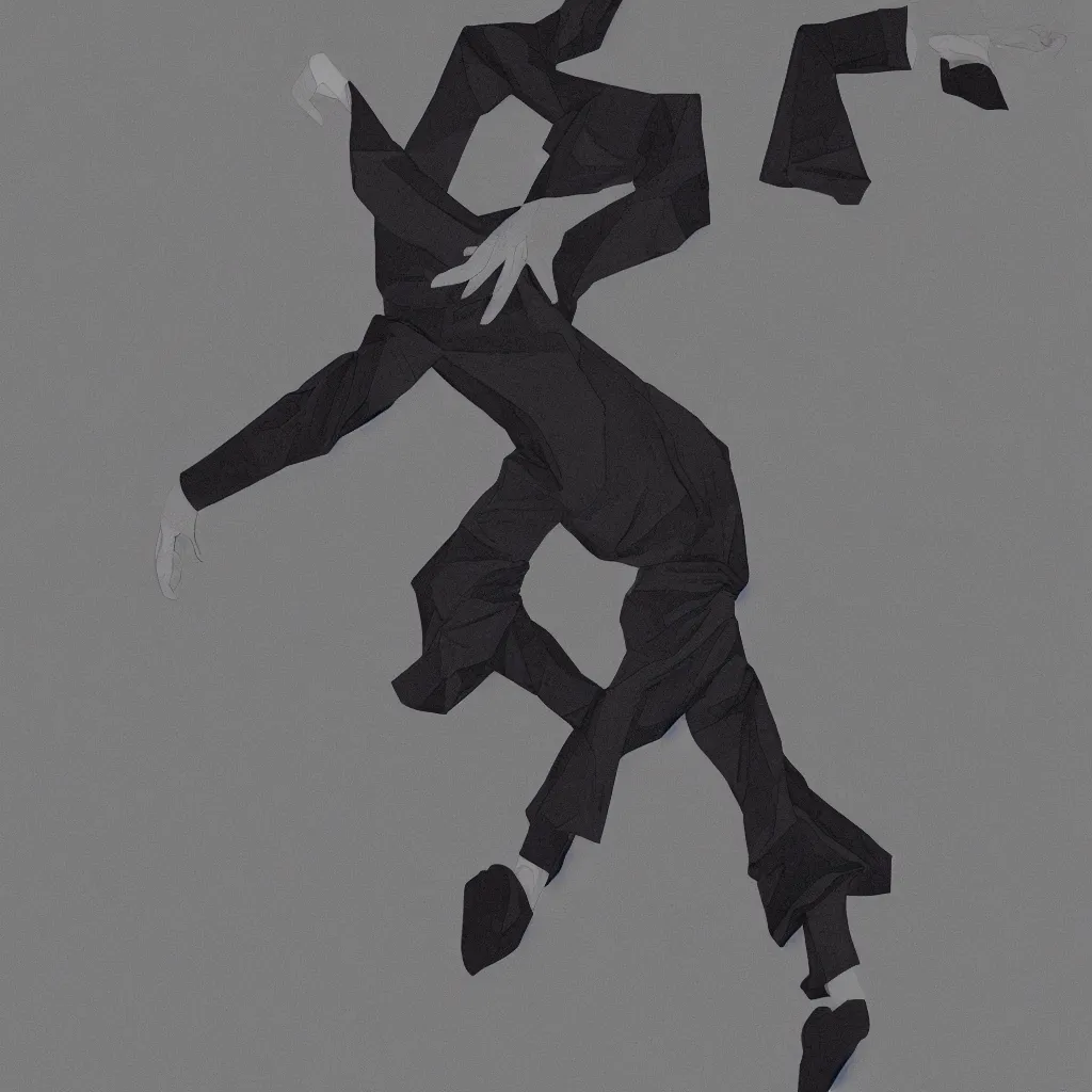 Prompt: a photorealistic illustration of a man dancing in a black Issey Miyake dress