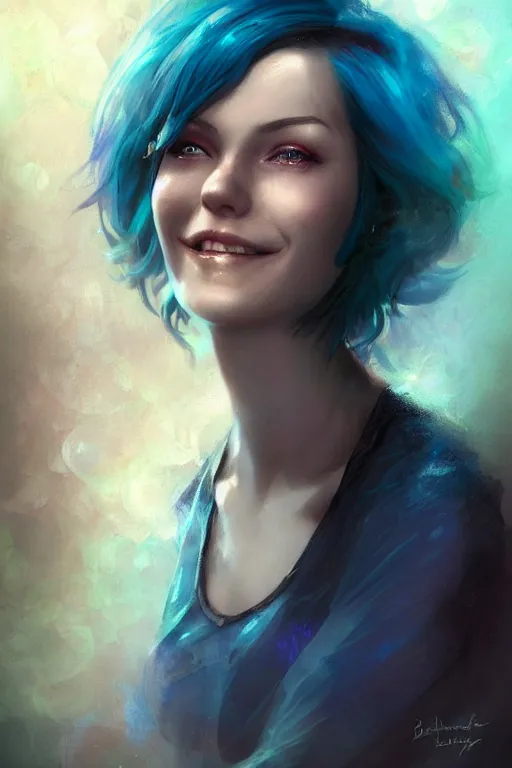 Image similar to beautiful smiling woman with short blue hair by bastien lecouffe - deharme, colorful, gorgeous, woman, 4 k very - detailed, high - quality portrait, deviantart, artstation trending