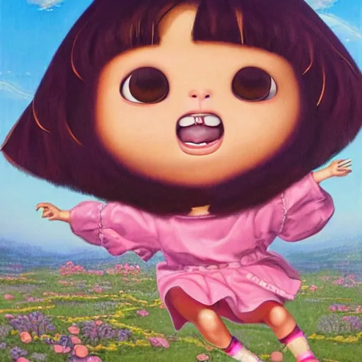 Image similar to portrait of real girl dora the explorer jumping happily,painted by mathias adolfson and mark ryden and hikari shimoda, lowbrow pop surrealism