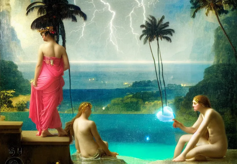 Image similar to Girl at the palace, refracted sparkles, thunderstorm, greek pool, beach and Tropical vegetation on the background major arcana sky, by paul delaroche, hyperrealistic 4k uhd, award-winning, very very very detailed