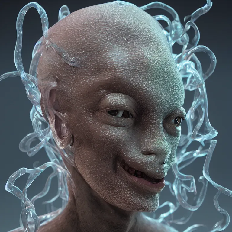 Prompt: octane render portrait by wayne barlow and carlo crivelli and glenn fabry, a newly discovered deep sea bioluminescent creature made out of clear plastic bags, cinema 4 d, ray traced lighting, very short depth of field, bokeh