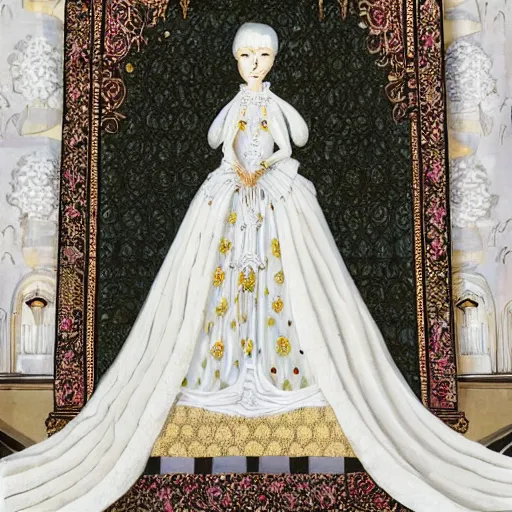 Prompt: meredit frampton style a wonderful symmetrical queen with a magnificent ornate large soft white long cotton dress made of white roses,reinassance background, dramatic light