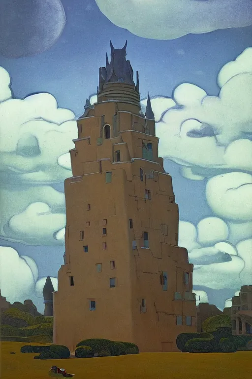 Image similar to view of the mysterious blue tower in its gardens after a storm, tall windows lit up, beautiful ornamental architecture, dramatic cinematic lighting, rich colors, by Nicholas Roerich and William Dyce and April Gornik and Sylvain Sarrailh and Ludwig Deutsch and Diego Rivera, featured on artstation