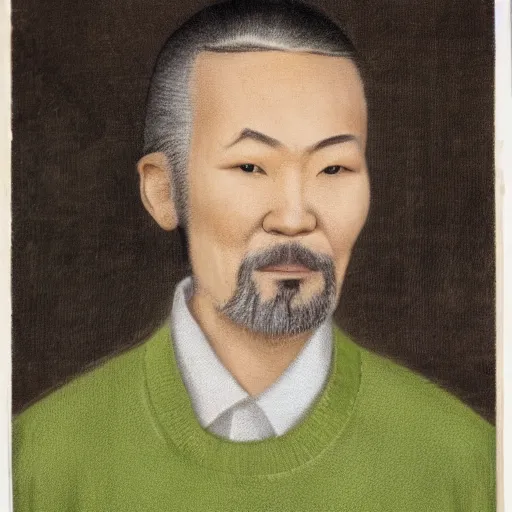 Prompt: portrait of a man. asian. blonde hair, a ponytail and a goatee. a strip of hair on his forehead. wearing a green neck sweater under an beige coat.