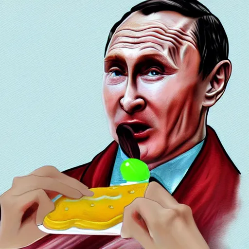 Prompt: a person looking like vladimir putin eating piccolo with sponch bob, digital painting