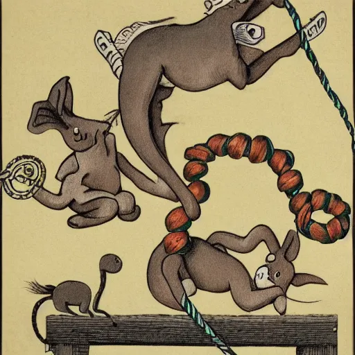 Prompt: a donkey and an octopus are playing a game. the donkey is holding a rope on one end, the octopus is holding onto the other. the donkey holds the rope in its mouth. a cat is jumping over the rope.