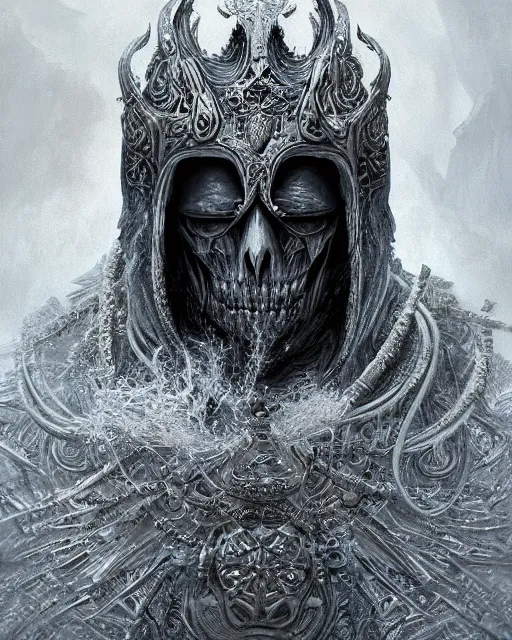 Image similar to a highly detailed character portrait of the Lich King, intricate, digital painting, artstation, intricate, concept art, smooth, sharp focus, illustration, art by Zdzislaw Beksinski