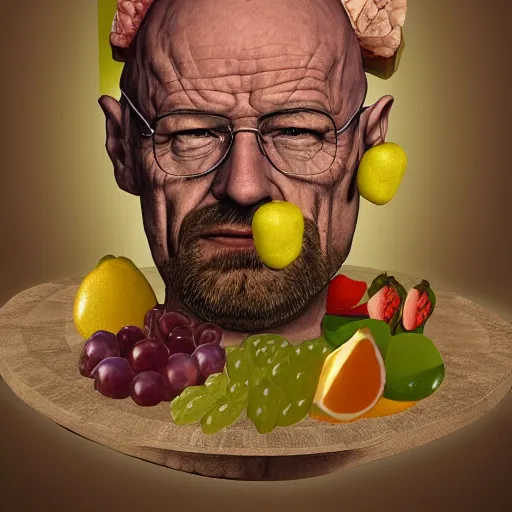 Image similar to giuseppe arcimboldo walter white, fruits, unreal engine