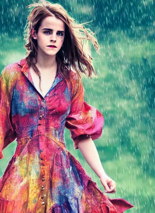 Prompt: Emma Watson for Victorian Secret, perfect face, hot summertime hippie in the rain, psychedelic dress, full length shot, XF IQ4, 150MP, 50mm, f/1.4, ISO 200, 1/160s, natural light, Adobe Photoshop, Adobe Lightroom, DxO Photolab, Corel PaintShop Pro, rule of thirds, symmetrical balance, depth layering, polarizing filter, Sense of Depth, AI enhanced