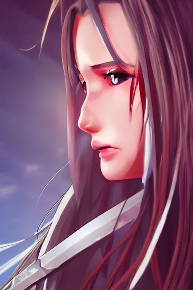 Image similar to a portrait of a female anime warrior character with long hair, artgerm