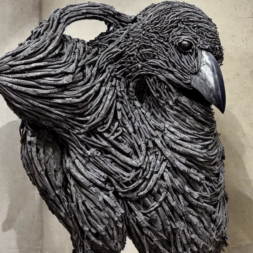 Prompt: imposing scary intricate raven stone sculpture made of oily cords