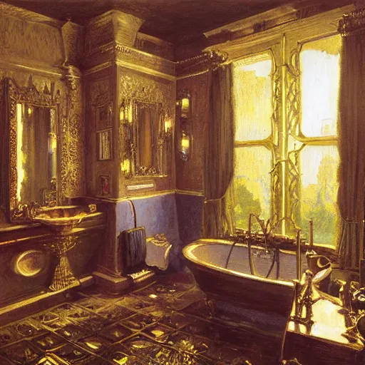 Prompt: painting of syd mead artlilery scifi bathroom with ornate metal work lands on a farm, filigree ornaments, volumetric lights, purple sun, andreas achenbach