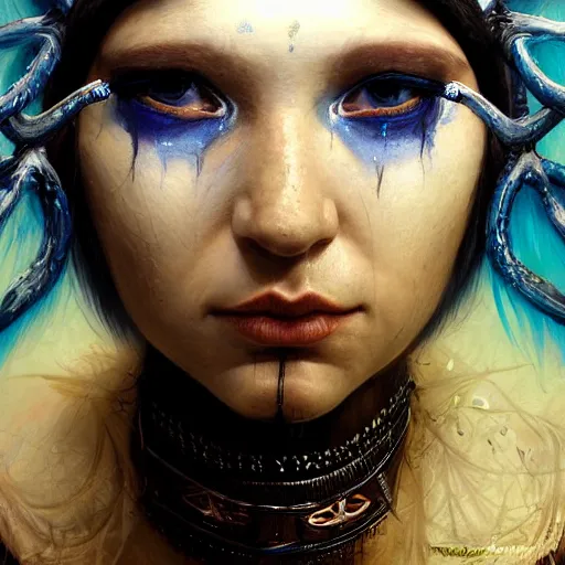 Image similar to a young female shaman, blue hair and antlers on her head. blindfolded, heilung, in the style of heather theurer, headshot photoshoot, insanely detailed and intricate, beautiful, elegant, cinematic toplight, portrait, headroom, artstation, karol bak, karol bak, karol bak