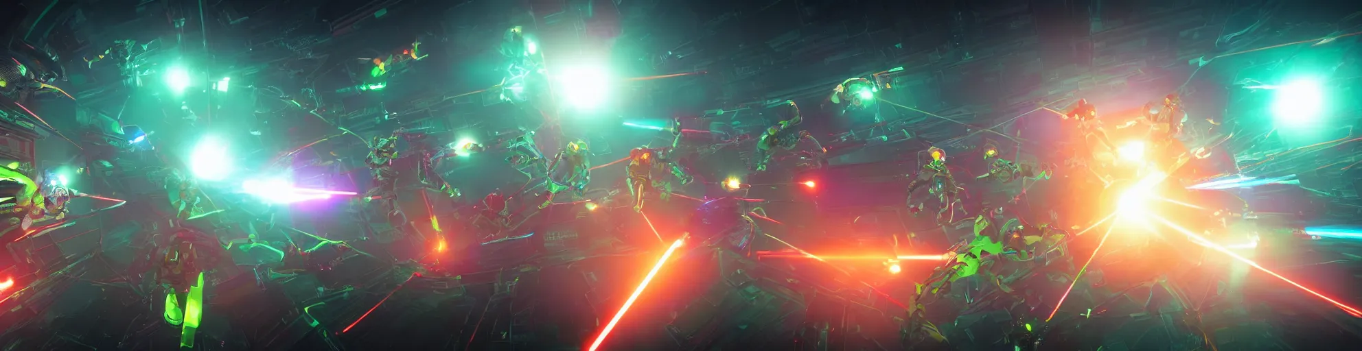 Prompt: futuristic spacemen firing lasers in zero gravity, skintight suits, floating polygon shapes as obstacles, surrounded by a laser grid, unreal engine, lensflare, glow, bloom, neon