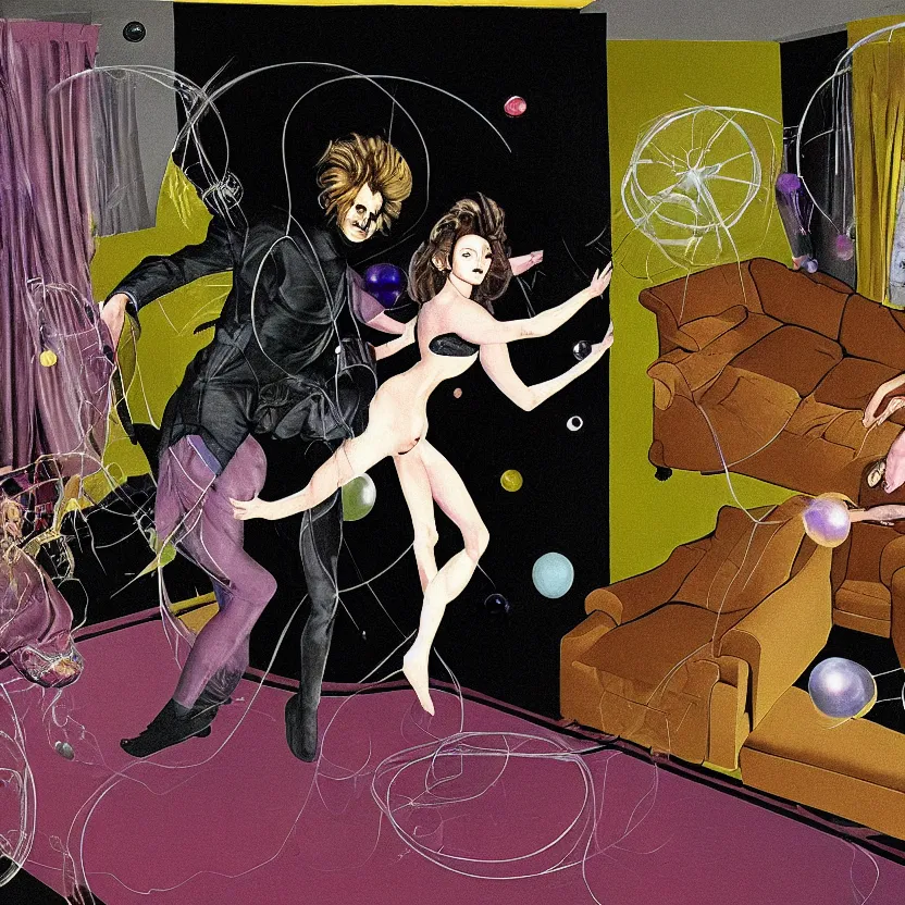 Image similar to Closeup of a man and woman start to bounce in a living room of a house, floating dark energy surrounds the middle of the room. There is one living room plant to the side of the room, one surrounded by a background of dark cyber mystic alchemical transmutation heavenless realm, dark art, cover artwork by francis bacon and Jenny seville, midnight hour, part by adrian ghenie, part by jeffrey smith, part by josan gonzales, part by norman rockwell, part by phil hale, part by kim dorland, artstation, highly detailed