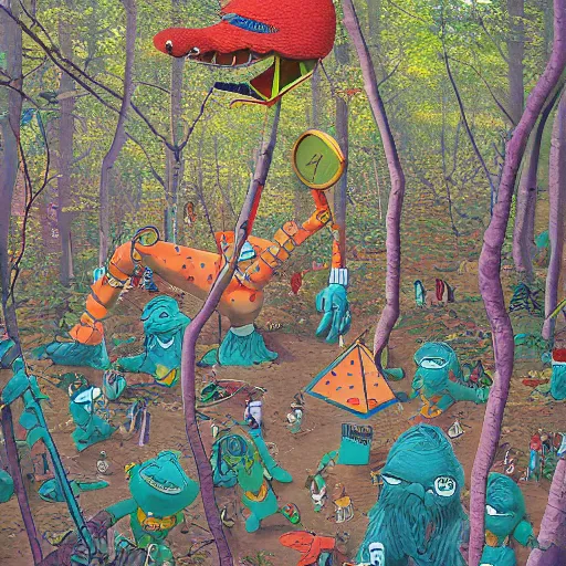 Image similar to safety cones scattered around an oak tree forest, man in muppet sasquatch sri lankan mask costume dancing in the distance, by james jean, miyazaki, hyper detailed surrealist painting