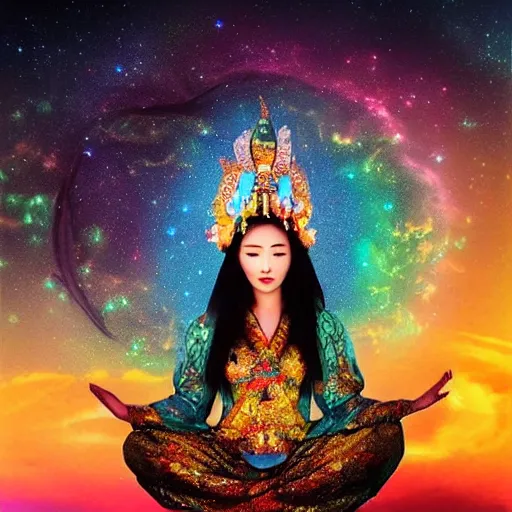 Prompt: a beautiful Asian sky goddess, sharing her cosmic magic with the world