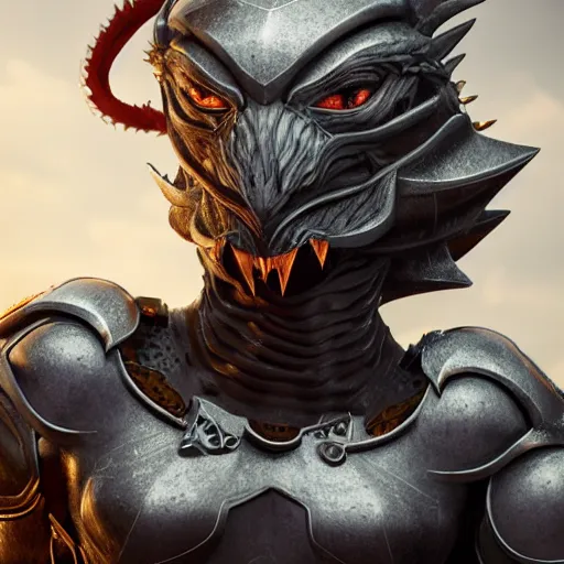 Image similar to stunning cinematic torso shot of a beautiful female knight, but as an anthropomorphic female dragon, well designed highly detailed perfect female dragon head with slick LED eyes, well armored, sharp claws, HD octane render, fantasy, furry art, Artstation, Deviantart, Furaffinity