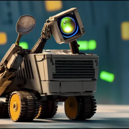 Image similar to wall - e putting mark zuckerberg in his trash compactor. cinematic 8 k, depth of field, bokeh.