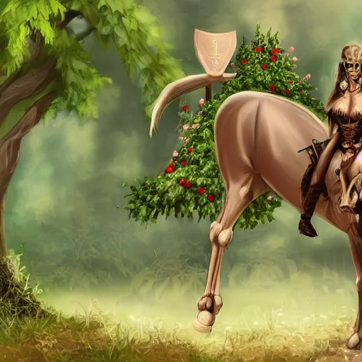 Prompt: Young woman sitting on horse skeleton covered with ivy, rpg, dnd, 4k