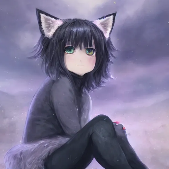 emo boy with cat ears and tail sitting, full body, | Stable Diffusion |  OpenArt