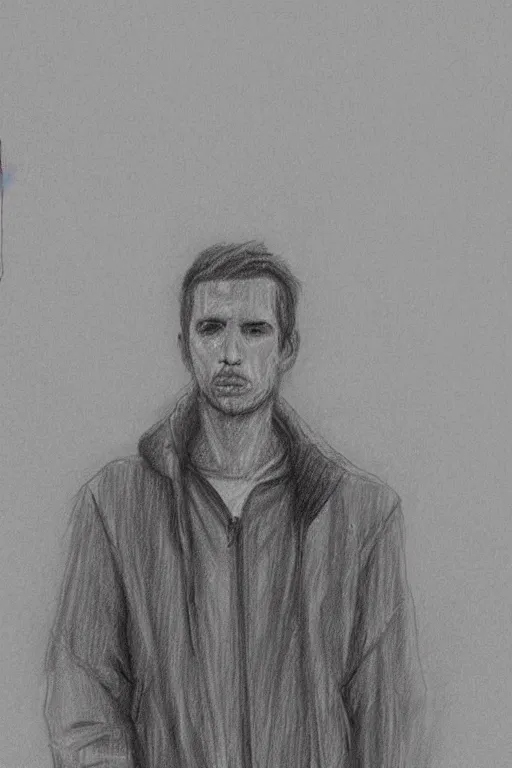 Prompt: a drawn man standing in the rain in a jacket. pencil sketch.