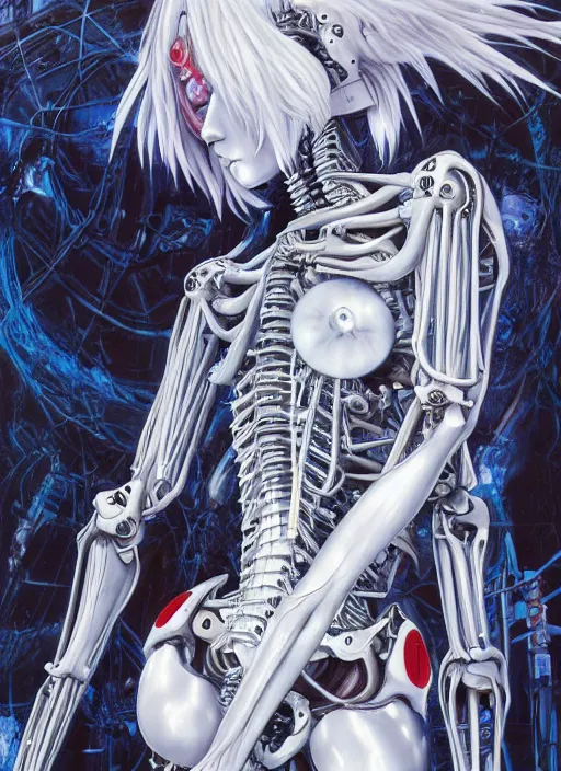 Image similar to Rei Ayanami by Yoshitaka Amano, by HR Giger, biomechanical, 4k, hyper detailed, hyperrealism, anime