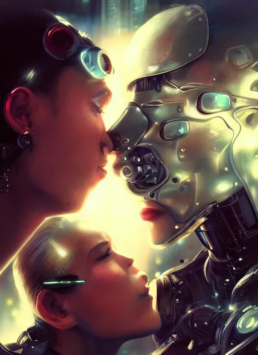 Prompt: ultra realistic close - up of a couple of cyborgs kissing, lovers, cyberpunk, sci - fi, fantasy, kodak, led color, flare, soft light, night, highly detailed, digital painting, concept art, sharp focus, illustration, art by artgerm and greg rutkowski