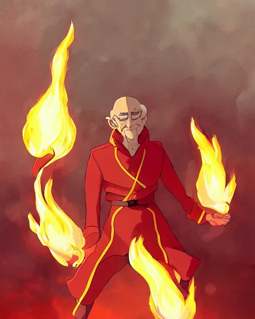 Image similar to squidward wearing fire nation clothing and practicing firebending outside at susnset, greg rutkowski