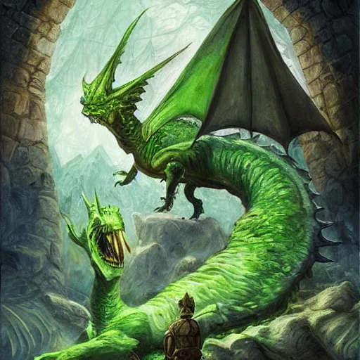 Image similar to fairy tale, painting, large green dragon, dnd, inside a castle, realistic, dungeons and dragons, detailed,